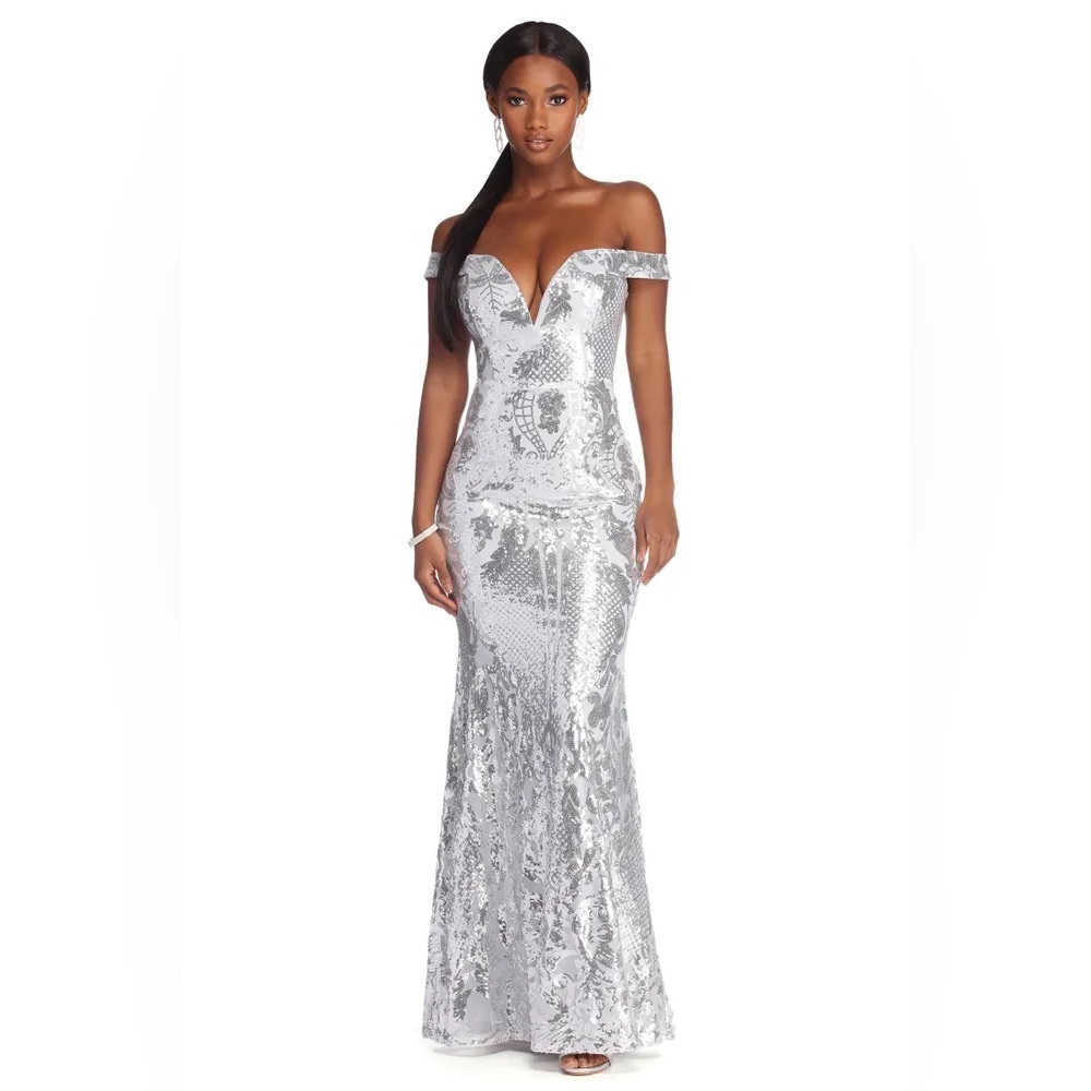 Silver prom dress, mermaid, sequin, lace, size 4